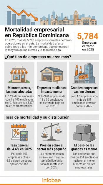 Infografía con datos y gráficos sobre el cierre de empresas en República Dominicana según su tamaño durante 2025.