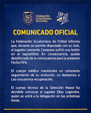 Desconvocatoria de Leonardo Campana y llamado de emergencia de Elías Legendre.