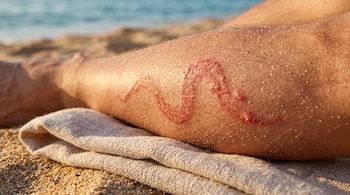 Detalle de una pierna recostada sobre una toalla en la arena que presenta una marca roja serpentina en la piel con el mar al fondo.