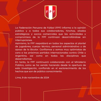 Comunicado de la Federación Peruana de Fútbol tras detención preliminar de Agustín Lozano.