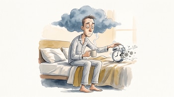 Dibujo de un hombre en pijama sentado en una cama deshecha, con una taza de café, una nube sobre la cabeza y un despertador desarmado.