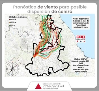 Mapa que muestra la dirección que podrían tomar este miércoles 13 de marzo las exhalaciones y ceniza del volcán Popocatépetl
