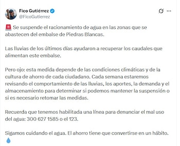 La meta del racionamiento de agua en Medellín era ahorrar 92 litros diarios por hogar o establecimiento y se alcanzó un 74% - crédito @FicoGutierrez/X
