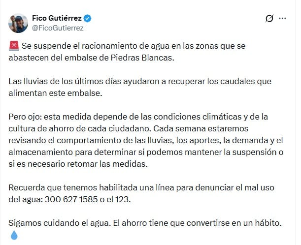 La meta del racionamiento de agua en Medellín era ahorrar 92 litros diarios por hogar o establecimiento y se alcanzó un 74% - crédito @FicoGutierrez/X
