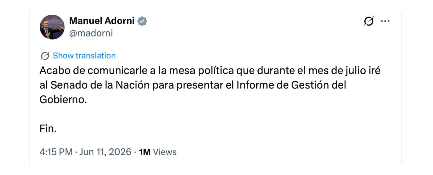 El tuit de Adorni anunciando que iría al Senado en julio