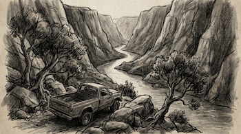 Dibujo a carboncillo de una camioneta pickup estacionada junto a un acantilado, con un río serpenteando a través de un profundo cañón rocoso y árboles a los lados.