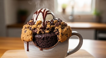 Una taza de cerámica contiene un pastel de chocolate caliente, cubierto con una capa de galleta desmenuzada, chips de chocolate, helado de vainilla y sirope.