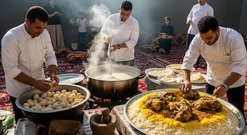 Tres chefs, dos mujeres y un niño, grandes ollas con vapor, una fuente con cordero y arroz, un cuenco con bolas, un mortero, una alfombra roja.