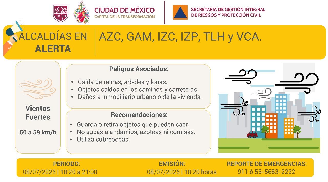 En estas alcaldías de CDMX prevén fuertes vientos para la tarde y noche de este martes 8 de julio. Foto: X/@SGIRPC_CDMX.