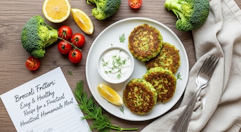 Vista aérea de cinco tortitas de brócoli en un plato blanco junto a un cuenco con salsa de yogur, eneldo, rodajas de limón, tomates cherry, brócoli fresco y una receta.