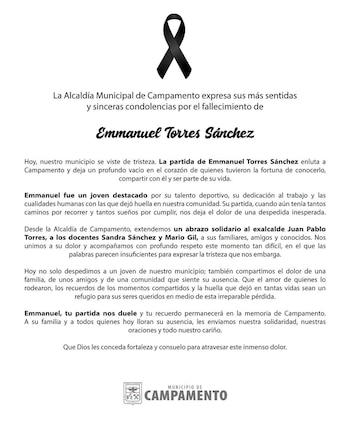 Comunicado de la Alcaldía del Campamento sobre el fallecimiento de Emmanuel Torres - crédito Alcaldía del Campamento