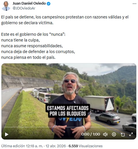 Juan Daniel Oviedo denunció bloqueos y criticó la respuesta del Gobierno tras aumento catastral rural - crédito @JDOviedoAr/X