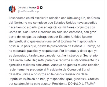 Captura de pantalla de una publicación de Donald J. Trump en Twitter sobre la reducción de ejercicios militares conjuntos con Corea del Sur