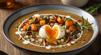 Un bol de cerámica oscuro con sopa cremosa de color marrón, adornada con un huevo mollet partido, trozos de calabaza, semillas y hierbas, sobre una mesa de madera.
