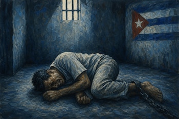 Pintura de un hombre encadenado tirado en el suelo de una celda oscura con una ventana pequeña y la bandera de Cuba al fondo.