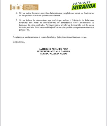Derecho de petición radicado por la representante a la Cámara, Katherine Miranda - crédito Miranda Bogotá