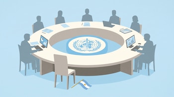 Siluetas de delegados en una mesa redonda con el logo de la OMS y una silla vacía junto a una bandera de Argentina caída en el suelo.