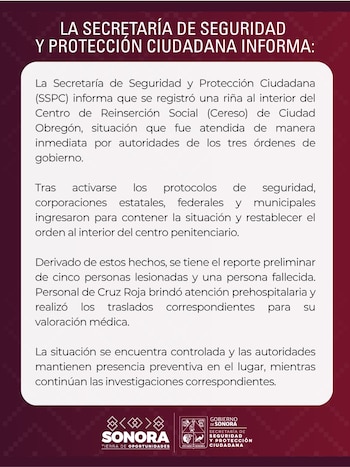 Comunicado oficial sobre la situación en el Cereso. Crédito: SSPC Sonora