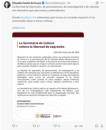Captura de pantalla de un tuit de Claudia Curiel de Icaza mostrando un documento oficial de la Secretaría de Cultura sobre libertad de expresión y negando censura