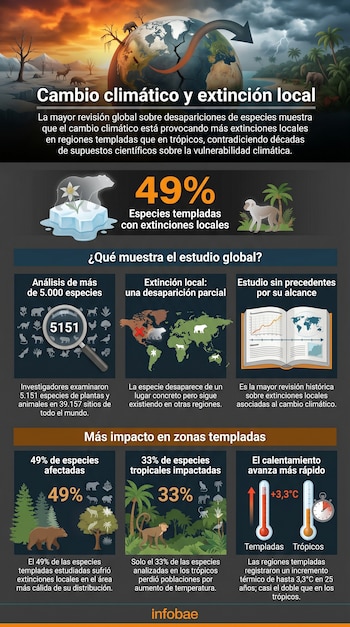 Infografía con la Tierra partida en ambientes frío y tropical, animales y plantas, termómetros, lupa, libro abierto con mapa, texto y números.