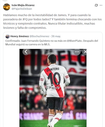 Post de Iván Mejía sobre la situación contractual de Juan Fernando Quintero - crédito X