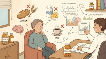 Ilustración de una consulta médica con paciente y doctora. Muestra alimentos tachados (gluten, lácteos, café), suplementos (magnesio, vitaminas), ondas cerebrales y gráficos de salud.