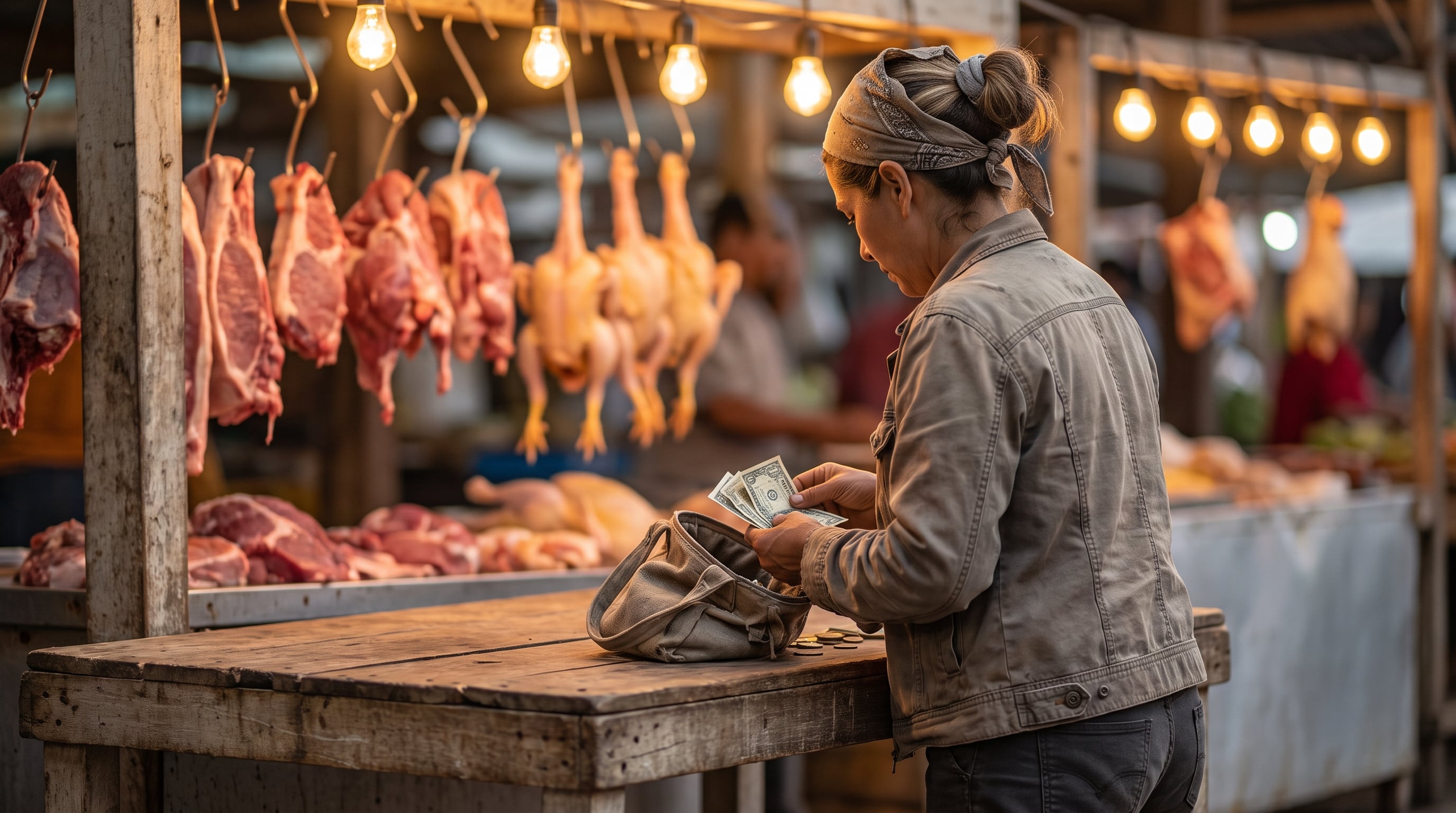 Una cliente cuenta billetes de dólar frente a un puesto de venta de carne en un mercado. (Imagen Ilustrativa Infobae)