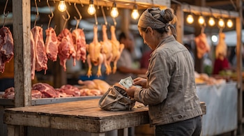 Mujer de perfil revisa billetes de dólar y monedas sobre un mostrador de madera frente a piezas de carne colgadas.