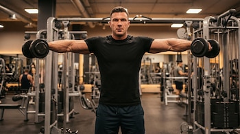 Un hombre musculoso, vestido con camiseta negra y pantalones cortos oscuros, realiza elevaciones laterales con mancuernas en un gimnasio.