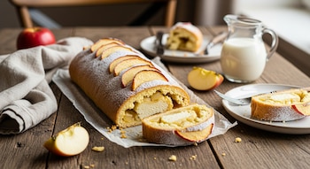 Un roll de ricota y manzana casero, cortado en rebanadas, con azúcar glas y rodajas de manzana en la parte superior, sobre una mesa de madera rústica junto a un jarra de leche y manzanas.