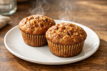 Dos muffins de avena con plátano humeantes, servidos en un plato blanco sobre una mesa de madera, bajo luz natural.