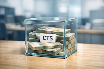 Una urna de cristal transparente con fajos de billetes peruanos y una etiqueta 'CTS' en su interior, sobre una mesa de madera clara.