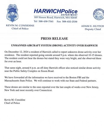 El Departamento de Policía de Harwich informa sobre avistamientos de drones en la localidad y coordina con el FBI y la Policía Estatal de Massachusetts para investigar el fenómeno. (Crédito: Harwich Police)