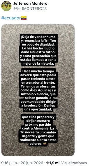El polémico tuit de Jefferson Montero tras el empate de Ecuador ante Curazao, que complicó sus chances en el Mundial 2026. - captura: Twitter Jefferson Montero