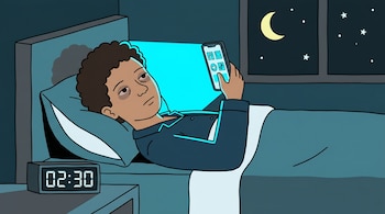 Ilustración de un adolescente en pijama oscuro acostado en la cama de noche. Sostiene un smartphone con luz azul que ilumina su rostro cansado. Un reloj marca 02:30. Ventana con luna y estrellas.