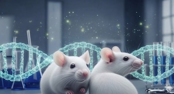 Primer plano de dos ratones blancos de laboratorio frente a una estructura de doble hélice de ADN brillante y material de laboratorio azul al fondo