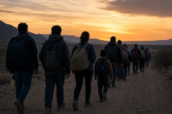 Varios adultos y un niño con mochilas caminan de espaldas por un camino de tierra entre montañas al atardecer.