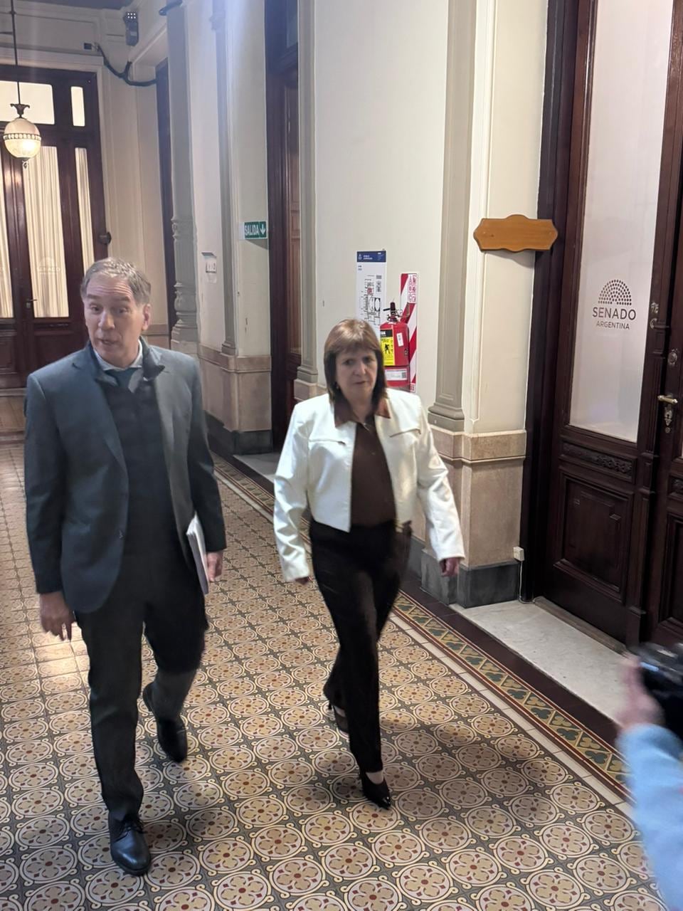 El flamante jefe de Gabinete, Diego Santilli, junto a la titular de La Libertad Avanza en el Senado, Patricia Bullrich