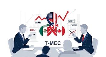 Ilustración de una mesa de negociaciones con el logo del T-MEC al centro. Cuatro siluetas de personas discuten documentos con símbolos de aranceles y gráficos.