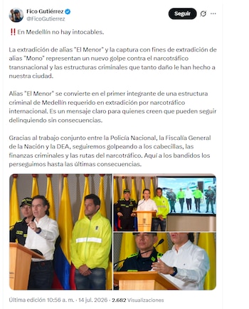 Federico Gutiérrez confirmó la extradición del criminal ligado a Los Chivos - crédito @FicoGuiterrez/X