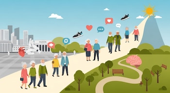 Ilustración: grupo diverso de adultos mayores camina por un sendero que atraviesa ciudad y parque. Corazón, cerebro, zapatillas flotan. El camino asciende a un sol.