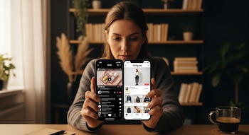 Mujer sentada frente a un escritorio sosteniendo dos teléfonos inteligentes, uno con la interfaz de TikTok y otro con la de Instagram, en un entorno de oficina.