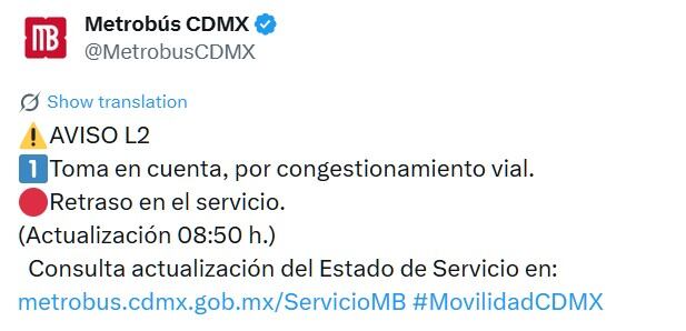 Avance en tiempo real de las diversas líneas de la red de transporte público capitalino. (TW MB CDMX)