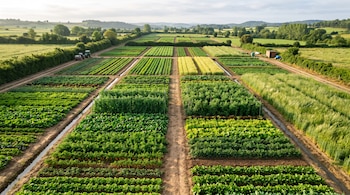 Vista aérea de parcelas agrícolas rectangulares con diferentes tipos de plantas, separadas por caminos de tierra y canales de agua.