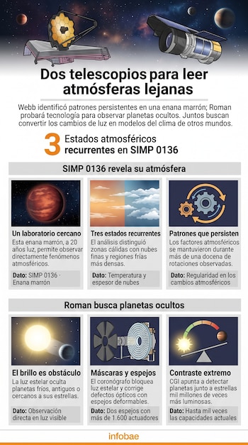 Infografía con ilustraciones de los telescopios espaciales James Webb y Roman, junto a esquemas explicativos sobre la enana marrón SIMP 0136.