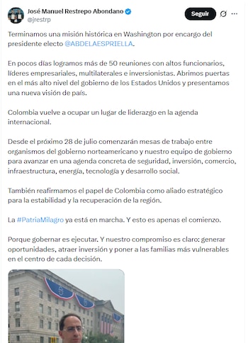 El vicepresidente electo sostuvo que reafirmaron el papel de Colombia como aliado estratégico para la estabilidad y la recuperación de la región - crédito @jrestrp/X