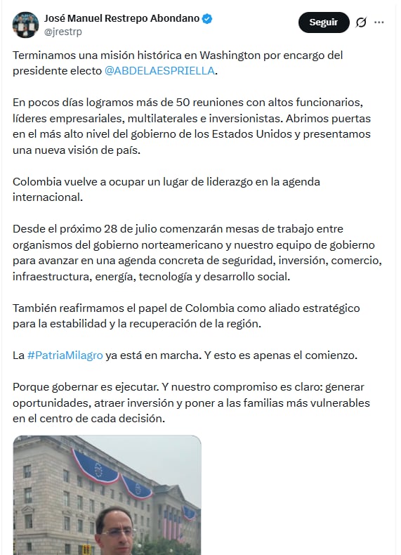 El vicepresidente electo sostuvo que reafirmaron el papel de Colombia como aliado estratégico para la estabilidad y la recuperación de la región - crédito @jrestrp/X