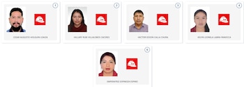 Cinco fotografías tipo carné de candidatos y candidatas, cada una acompañada del logo rojo del partido "Nación" con un casco blanco y texto