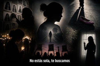 Collage con siluetas de mujeres, fotos en una pared, una vela encendida, un zapato rosa en el suelo y el texto No estás sola, te buscamos.