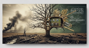 Collage conceptual horizontal de un árbol seco con cavidades de observación, engranajes y planos técnicos en un campo devastado con trincheras y humo.